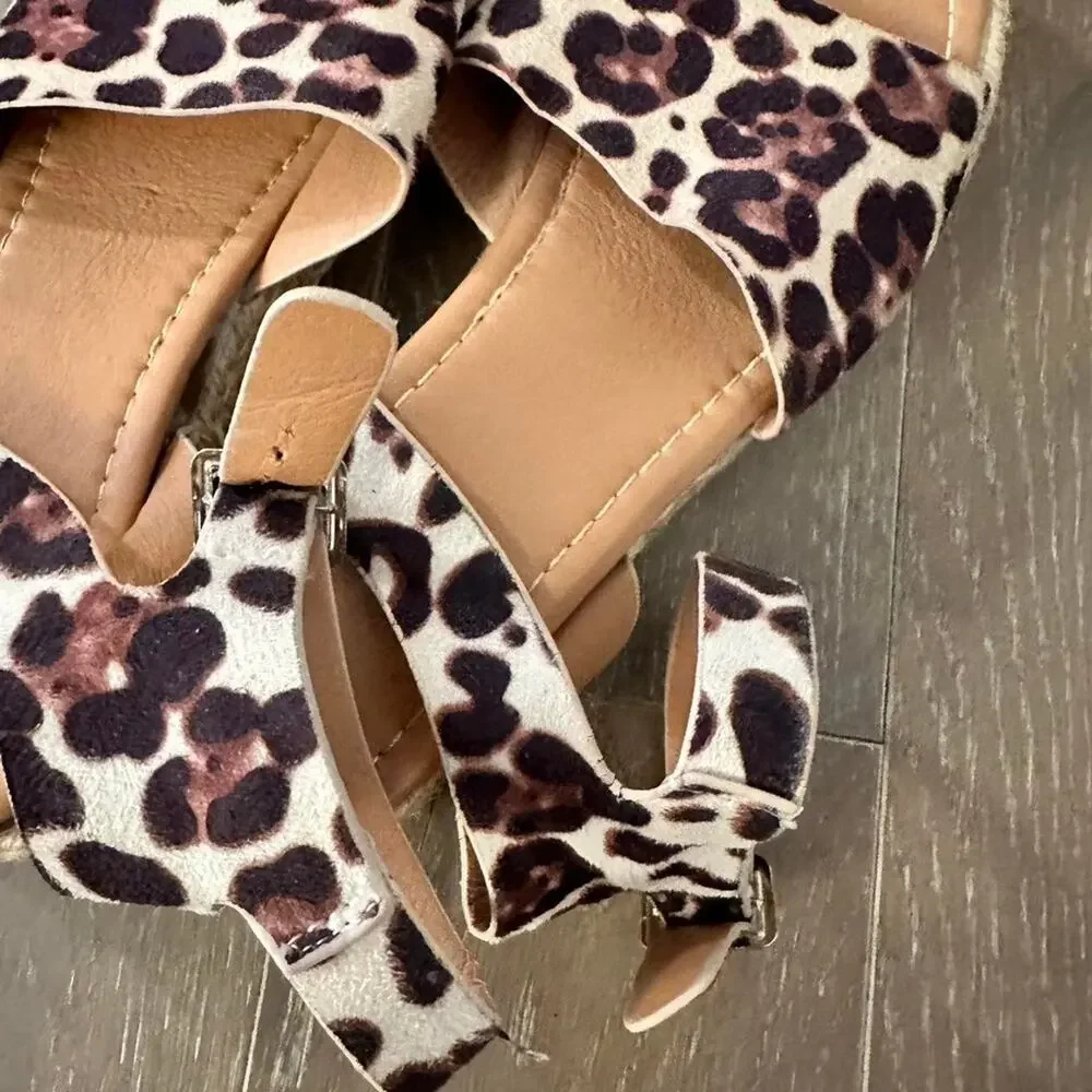 Cheetah open toe ankle strap espadrille sandals flat low platform women 8.5 shoe